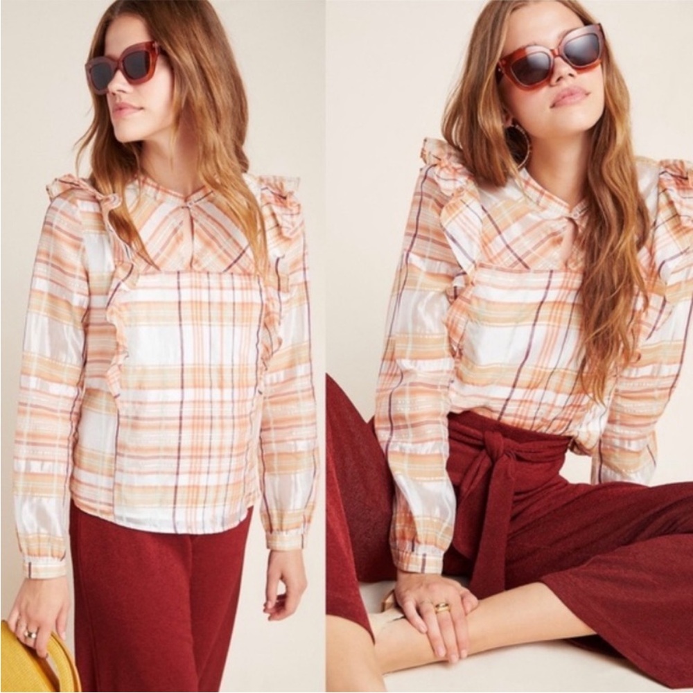 NWT‎ Anthropologie Current Air Top Polly Ruffle Plaid Blouse Medium New!